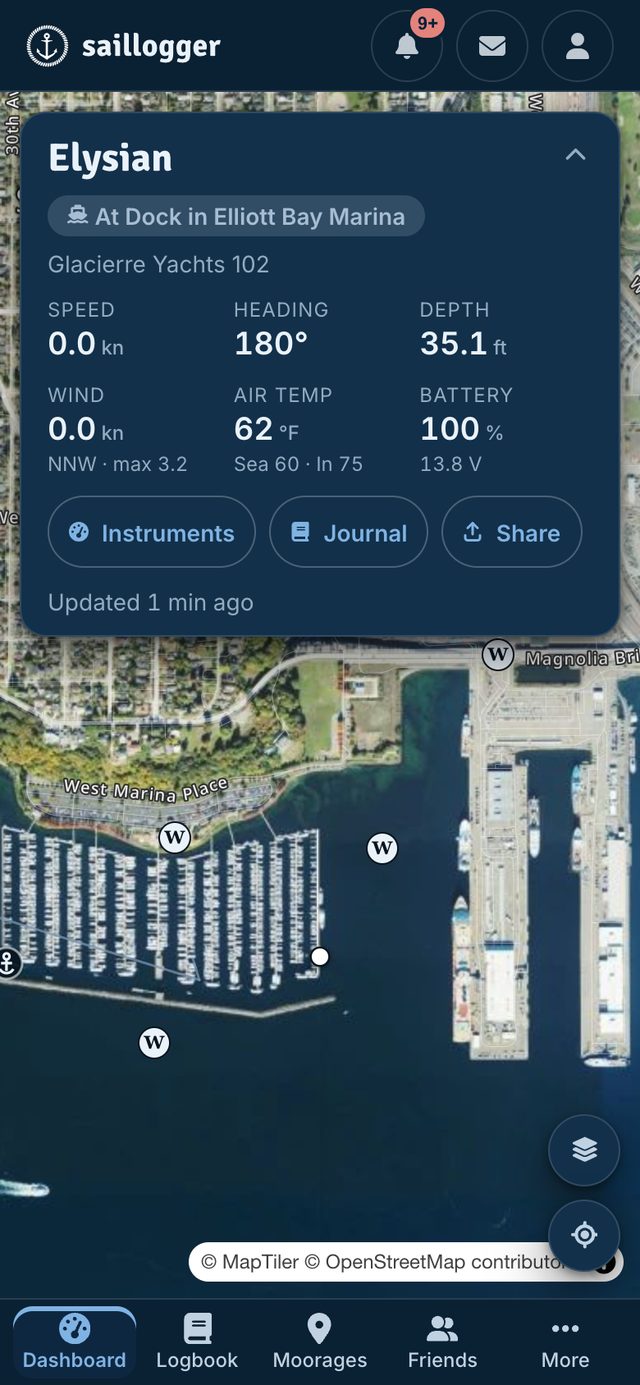 A shared Saillogger map on a phone, following a boat's live position and track